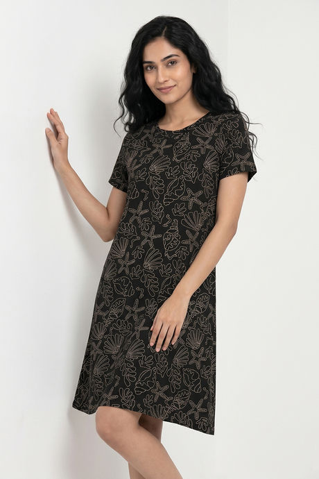 Zivame Sea Shell Knit Cotton Knee Length Nightdress - Black Beauty — image 5